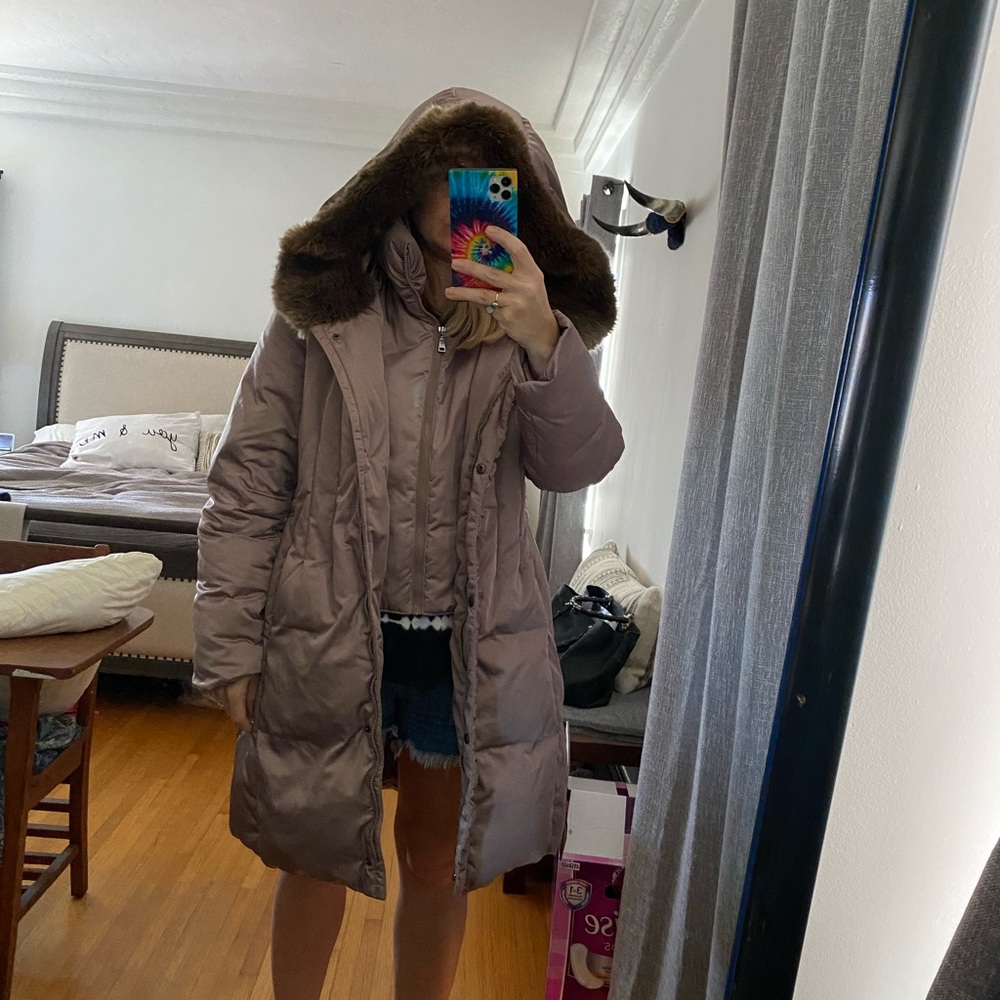 T Tahari Puffer Trench with Faux Fur Hood